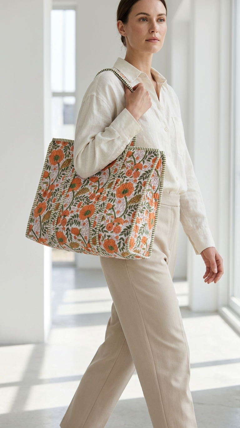 Printed Quilted Cotton Tote Bag – Orange & Green