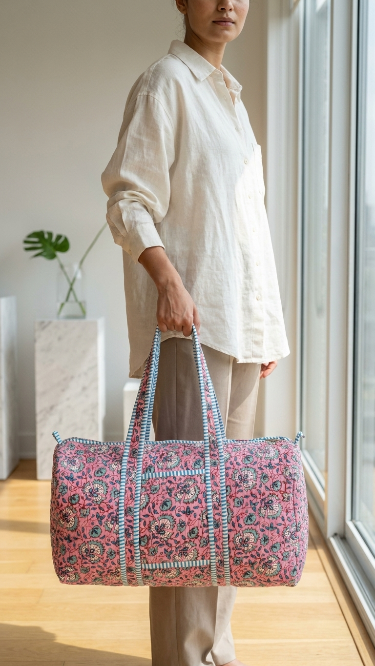 DUFFLE BAG - quilted hand-block print - Purple & Violet
