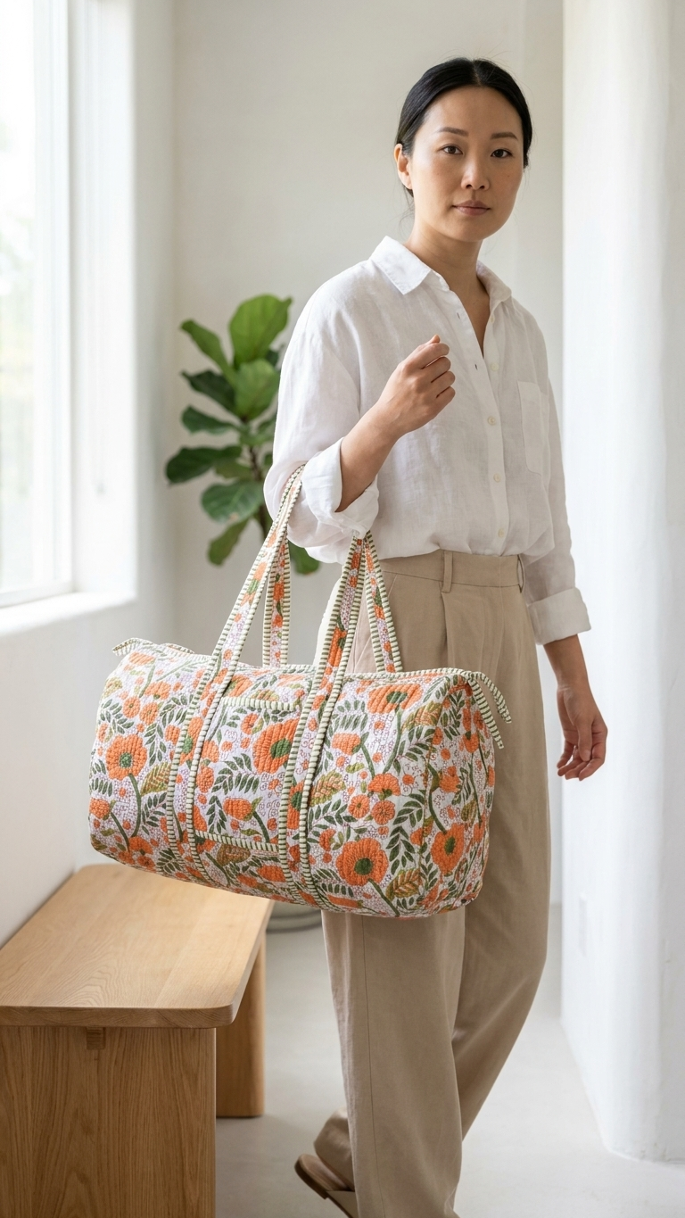 DUFFLE BAG - quilted hand-block print - Vibrant Orange & Olive Green
