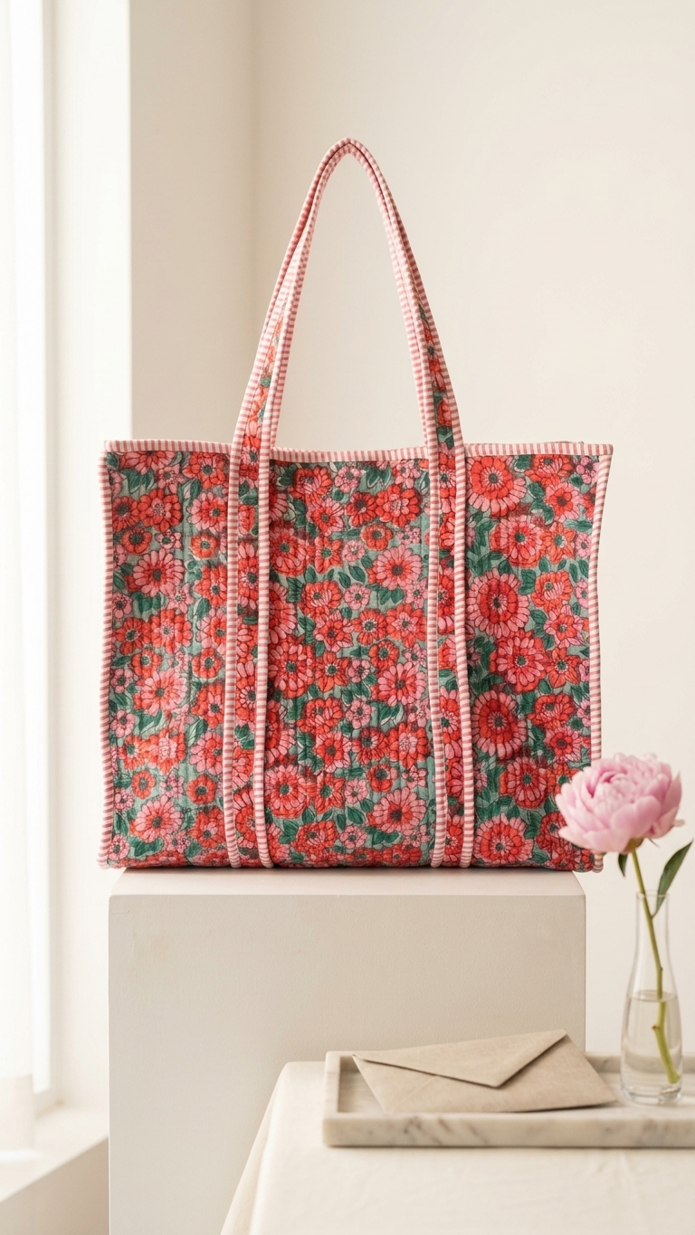 Printed Quilted Cotton Tote Bag – Red & Green
