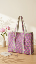 Printed Quilted Cotton Tote Bag - Purple and magrenta base color