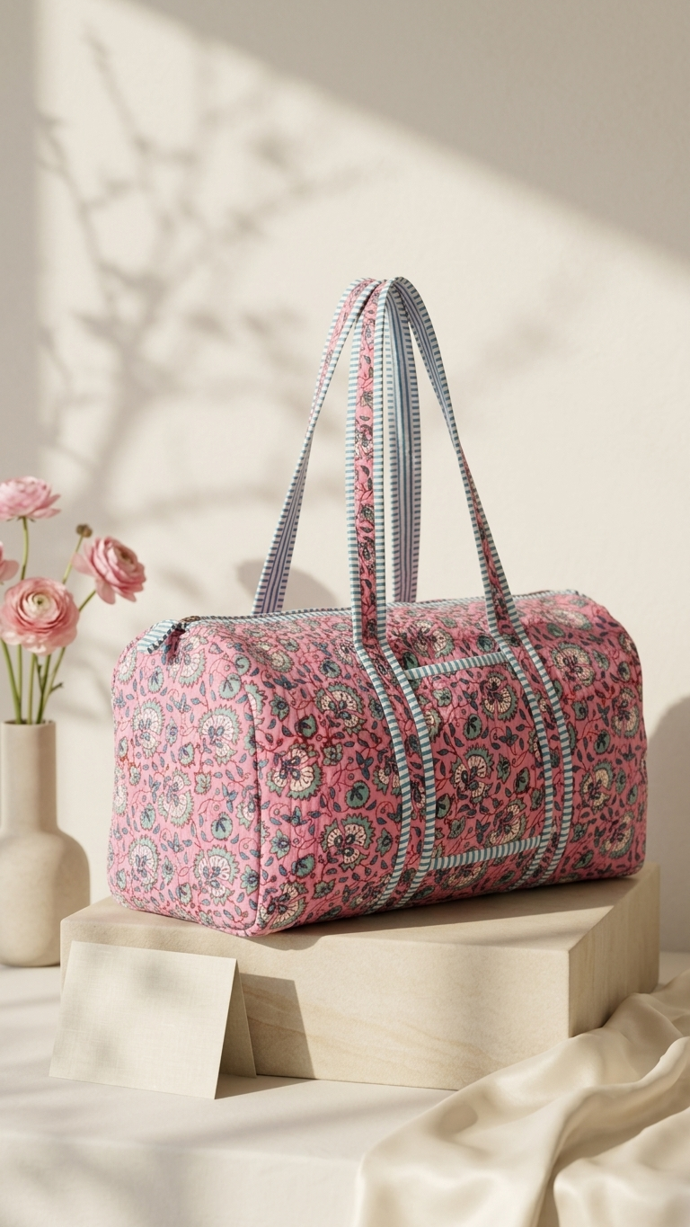 DUFFLE BAG - quilted hand-block print -Rose Pink or Bubblegum Pink