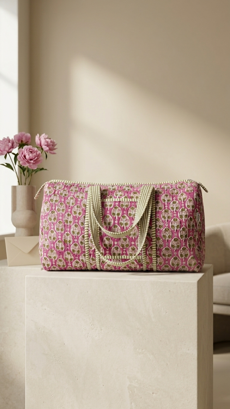 DUFFLE BAG - quilted hand-block print - pink and olive green