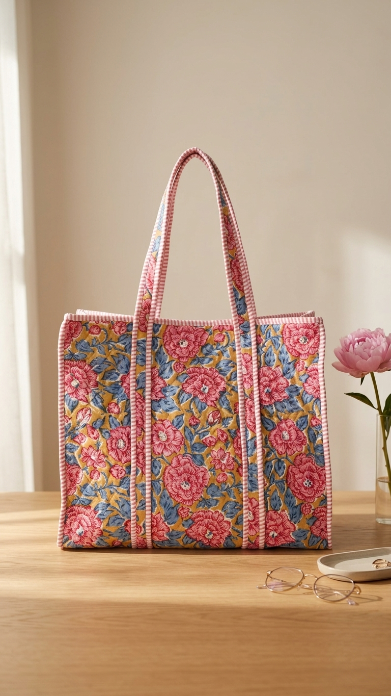 Printed Quilted Cotton Tote Bag – Pink & Blue