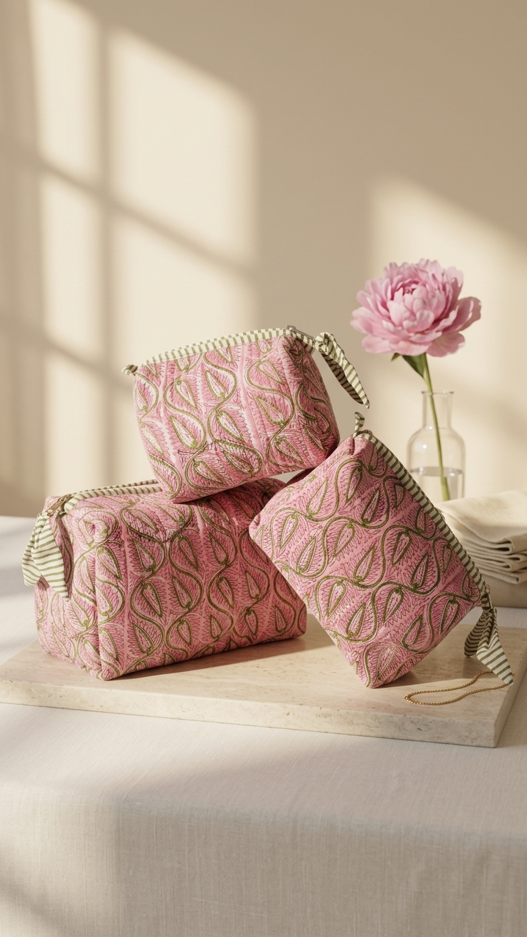 Pouch Set - Pink & Olive Green