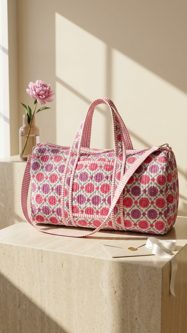 DUFFLE BAG - quilted hand-block print - Purple Floral Hand-Block Printed