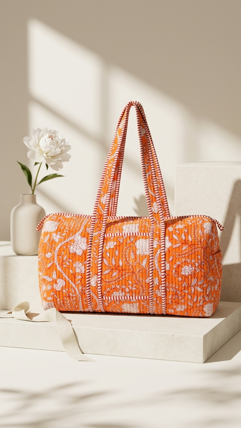 DUFFLE BAG - Quilted cotton - orange, floral-patterned