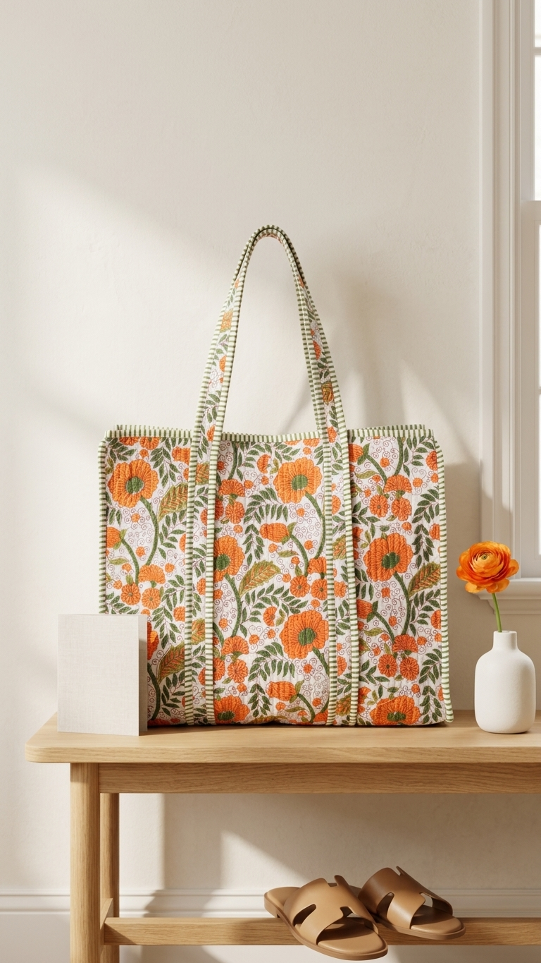 Printed Quilted Cotton Tote Bag – Orange & Green