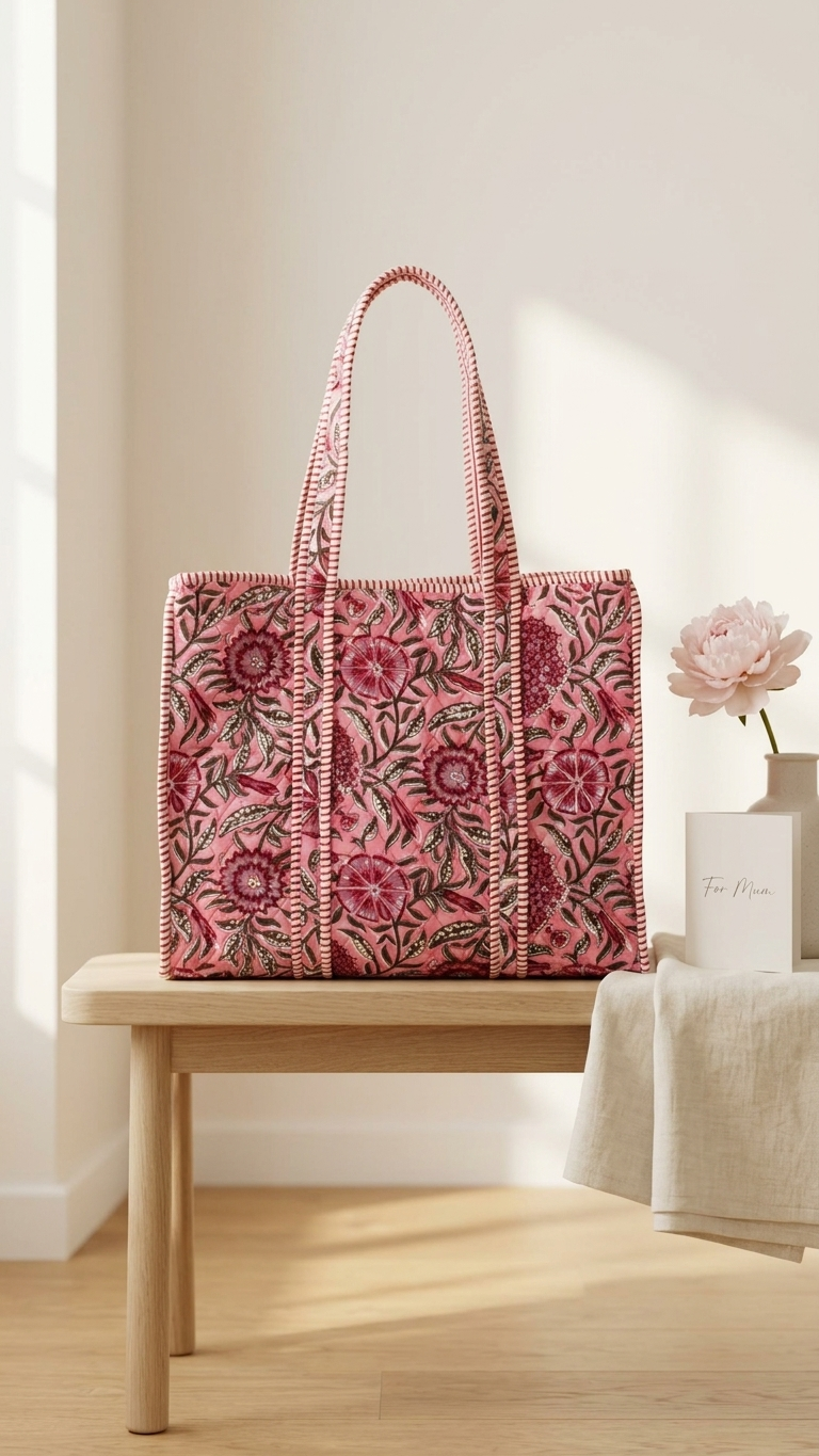Printed Quilted Cotton Tote Bag – Pink & Red
