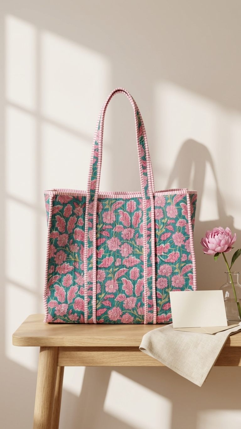 Printed Quilted Cotton Tote Bag - Pink floral pattern, middle blue-green background