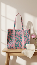Printed Quilted Cotton Tote Bag - Pink floral pattern, middle blue-green background