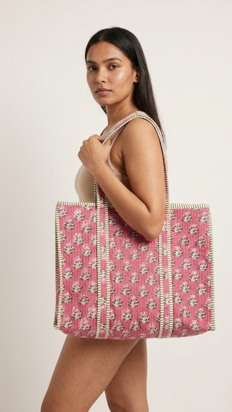 Printed Quilted Cotton Tote Bag – Pink & Blue