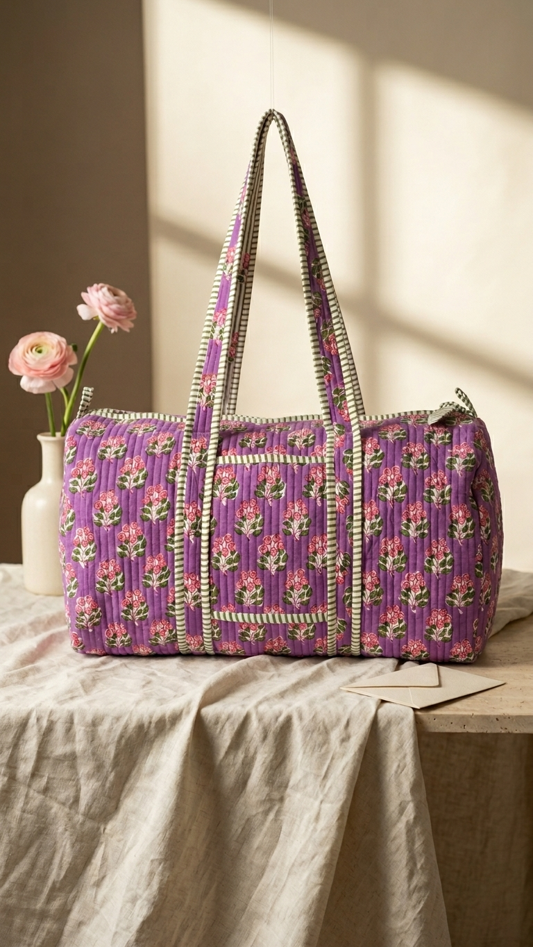 DUFFLE BAG - quilted hand-block print - Purple Floral Hand-Block Printed