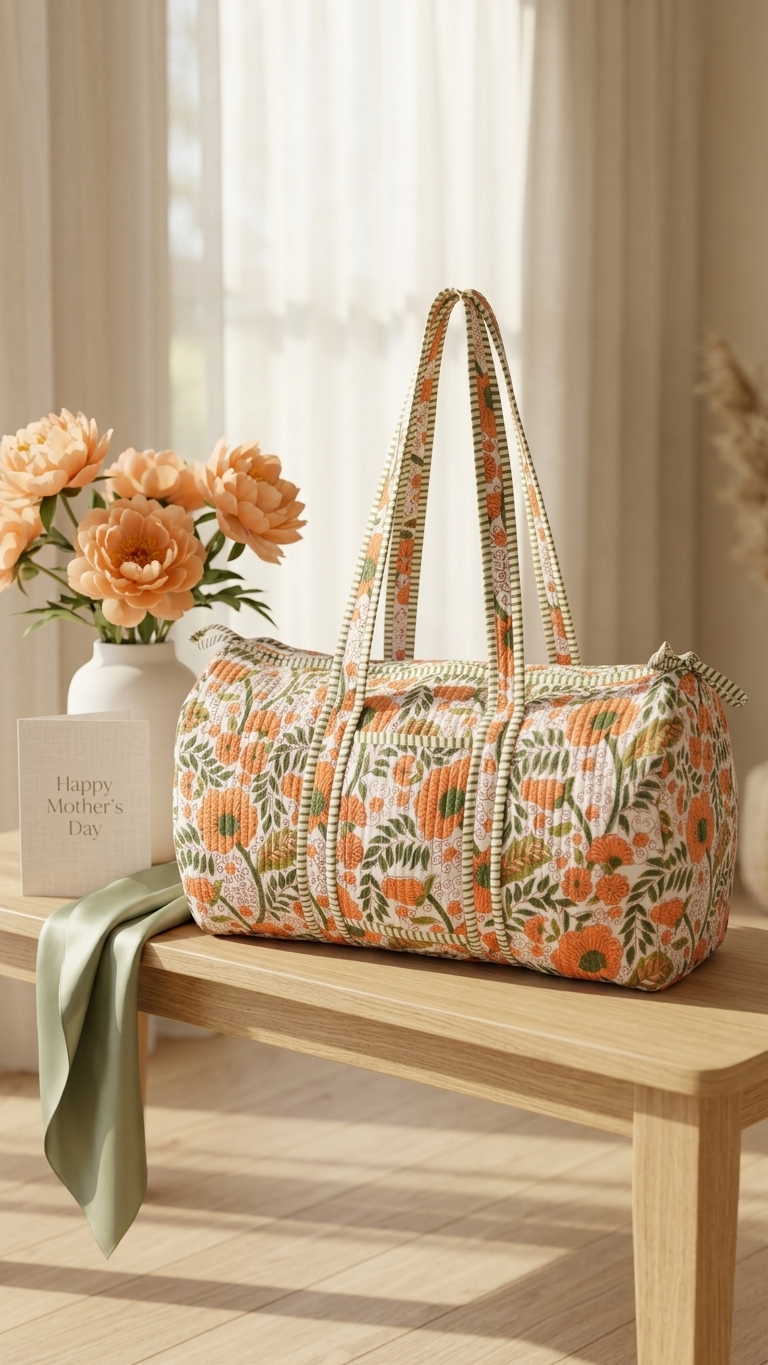 DUFFLE BAG - quilted hand-block print - Vibrant Orange & Olive Green