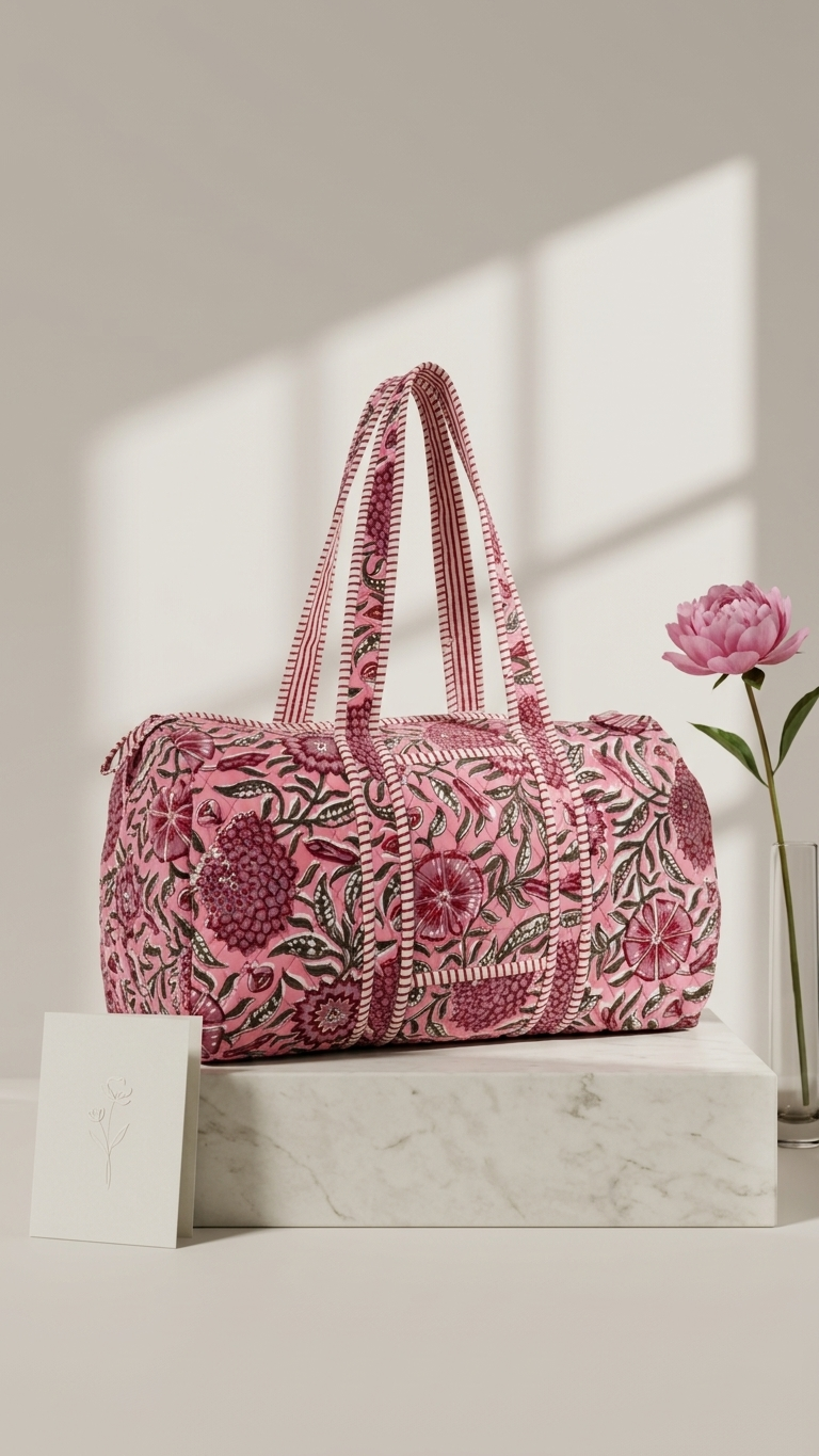 DUFFLE BAG  - Pink floral pattern with red and green accents.