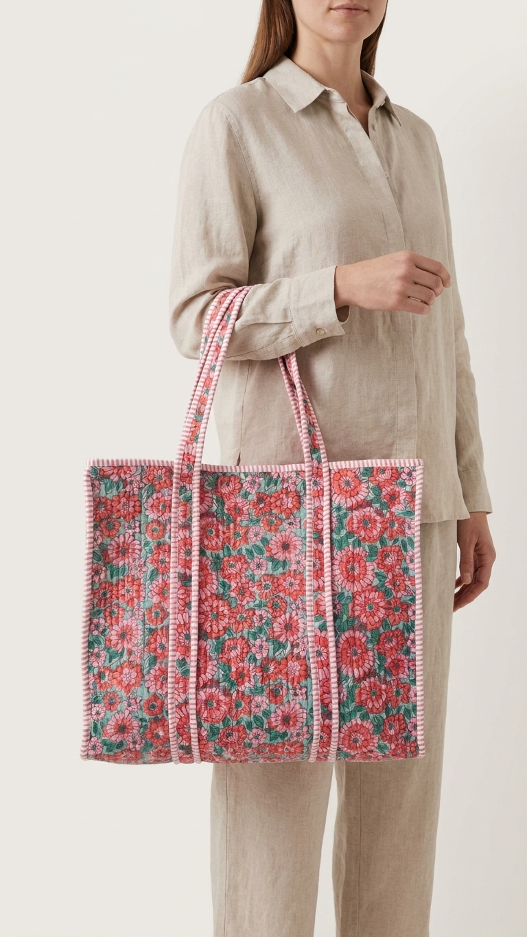 Printed Quilted Cotton Tote Bag – Red & Green