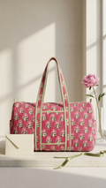 DUFFLE BAG - quilted hand-block print - Pink & White.