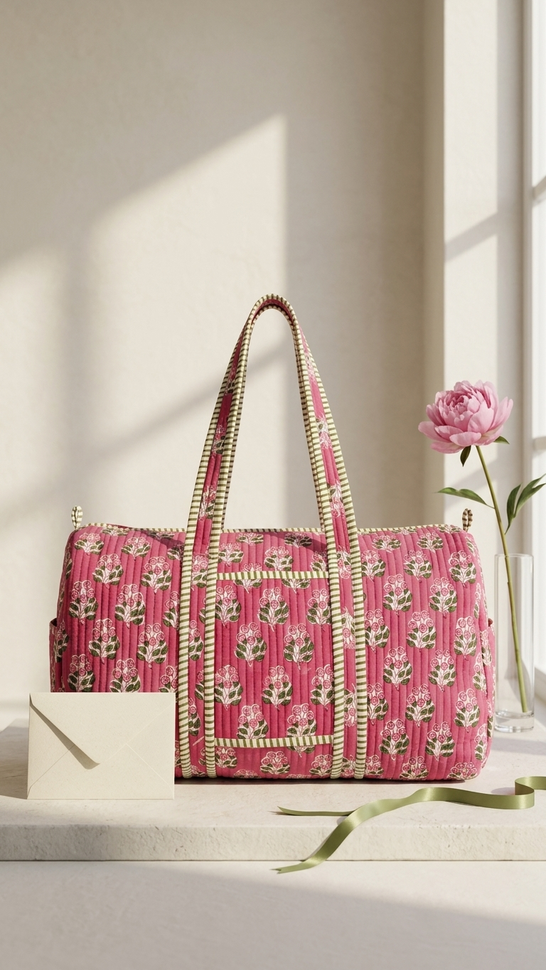 DUFFLE BAG - quilted hand-block print - Pink & White.