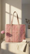 Printed Quilted Cotton Tote Bag – Pastel Pink & Green leaf pattern